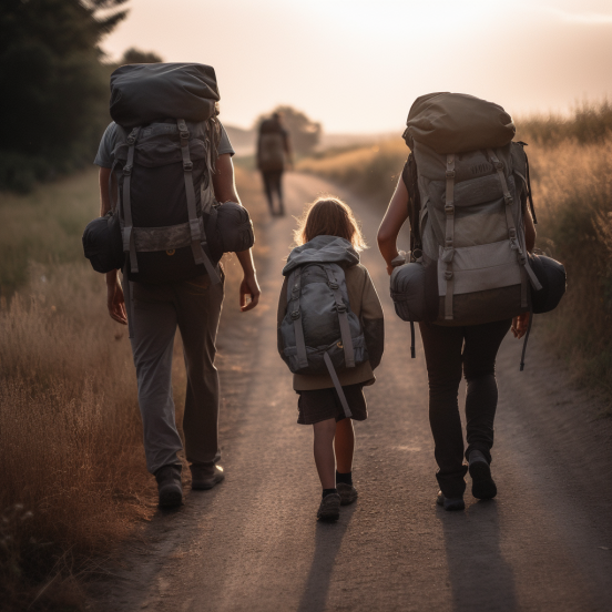 Family with bug out bags walking